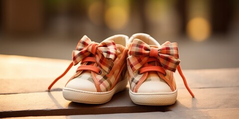 Small checked shoes hint at gentle steps to come, their laces neatly tied.