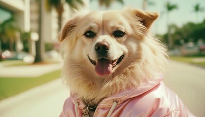 Shot of vaporwave fashion dog in miami.