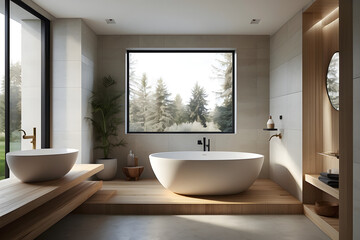 Fototapeta na wymiar A minimalist bathroom design consisting of a new generation quartz countertop and bathtub dominated by light colors and wooden details.