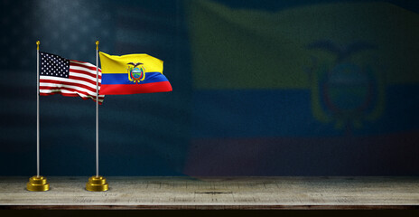 Ecuador and USA flag wave on dark background. digital illustration for national activity or social media content. - obrazy, fototapety, plakaty