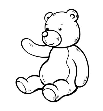Teddy bear toy. Kind bear. Hello gesture. Character for children. Cartoon vector black and white illustration. Hand drawn sketch line