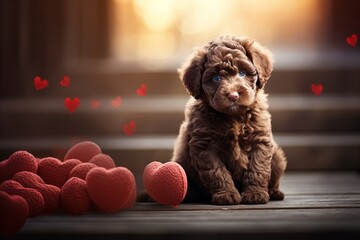 Charming Lagotto Romagnolo Puppy with Red Hearts, Perfect for Valentines Day Celebrations - obrazy, fototapety, plakaty