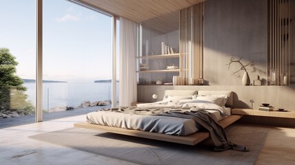 The panoramic view of the Scandinavian Chic Resting Place, capturing the seamless integration of the bedroom with a reading nook bathed in natural light, providing a serene space for relaxation.