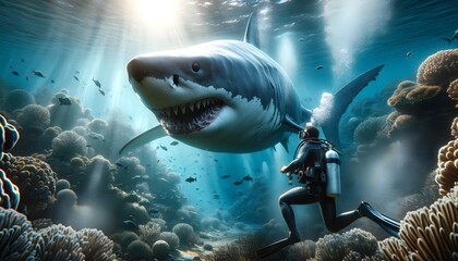 Underwater photo, diving with great white shark, animal and wildlife background, wallpaper