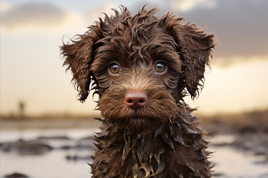 Cute Lagotto Romagnolo dog with wet fur looking at the camera with a funny expression
