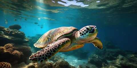 Fototapeta premium In the aquatic shadows, turtles drift calmly by.