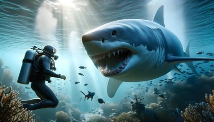 Underwater photo, diving with great white shark, animal and wildlife background, wallpaper