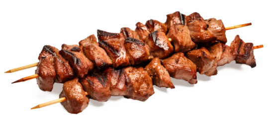 skewers with delicious meat on transparent background, png. Grilled pork skewers 