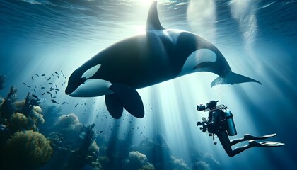 Underwater photo, diving with orca killer whale, animal and wildlife background, wallpaper - obrazy, fototapety, plakaty