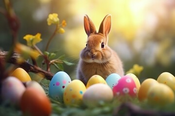 Easter rabbit with painted easter eggs