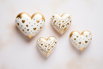 White and gold hearts on white background, Valentine's Day love symbols, ceramic hearts