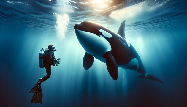 Underwater photo, diving with orca killer whale, animal and wildlife background, wallpaper - Powered by Adobe