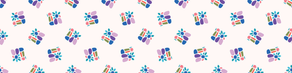 Colorful leaf for flat scandi style seamless vector kids border. Fun whimsical nature for gender neutral baby endless ribbon.