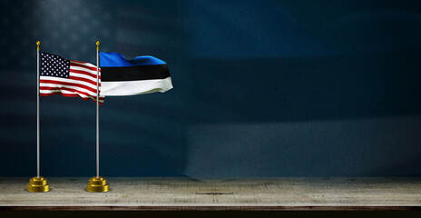Estonia and USA flag wave on dark background. digital illustration for national activity or social media content. - obrazy, fototapety, plakaty