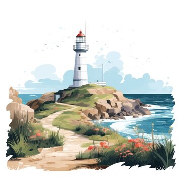 painted lighthouse and sea in watercolor. concept painting, sea, drawing