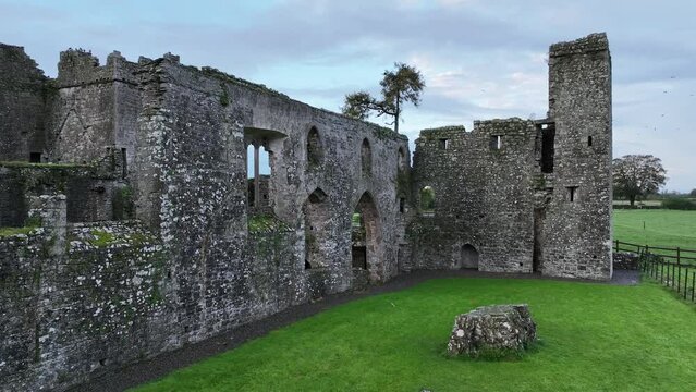 drone footage of the ruins of bective abbey, county meath, ireland