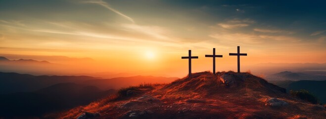Crucifixion Of Jesus Christ At Sunrise three  christian cross es on top of a Hill at sunset, easter and christian concept, horizontal background, copy space for text