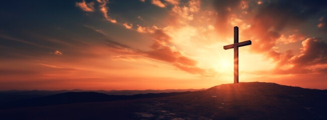 Crucifixion Of Jesus Christ At Sunrise -a christian cross on top of a Hill at sunset, easter and christian concept, horizontal background, copy space for text - obrazy, fototapety, plakaty