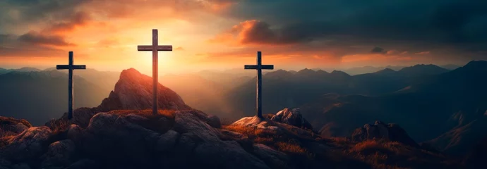 Fotobehang Crucifixion Of Jesus Christ At Sunrise three  christian cross es on top of a Hill at sunset, easter and christian concept, horizontal background, copy space for text © XC Stock