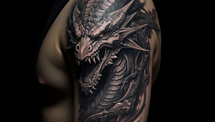 Tattooed man with a dragon on his body over black background - obrazy, fototapety, plakaty