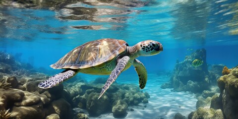 Turtles glide through dappled water, a serene underwater view.