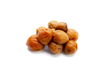 Pickled plums on white background.