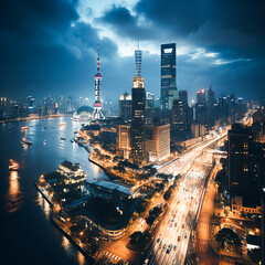 photo shanghai city aerial view at night with lights and urban architecture