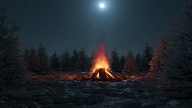 looping animation of bonfire with snowy pine trees and moonlight sky