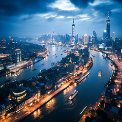 Naklejka premium photo shanghai city aerial view at night with lights and urban architecture