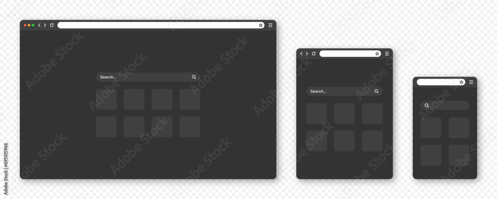 Poster blank web browser window with toolbar and search field. modern website, internet page in flat style.