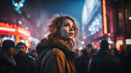Obraz premium Young woman in winter clothes walking in the city at night. Shallow depth of field.