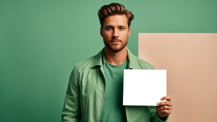 handsome man holding blank paper and looking at camera isolated on green