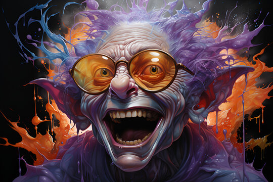 a colorful illustration of a fabulous creature. An evil dwarf, goblin, or demon. portrait of a fictional humanoid character wearing glasses with big ears.
