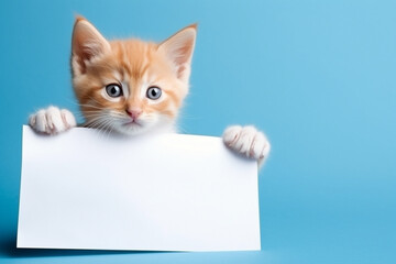 a charming red kitten holds in its paws a white sheet of paper with a place for text,on a plain...