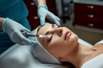 Naklejka premium Symbolic Image of a Botox Treatment on a Woman's Face Wallpaper Background Backdrop Digital Art Cover Magazine 