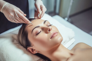 Obraz na płótnie Canvas Symbolic Image of a Botox Treatment on a Woman's Face Wallpaper Background Backdrop Digital Art Cover Magazine 