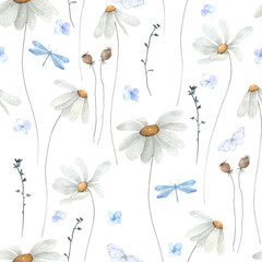 Watercolor seamless pattern with delicate flowers, chamomile, butterfly, dragonfly. Hand drawn floral illustration on white background.  Vintage summer plant