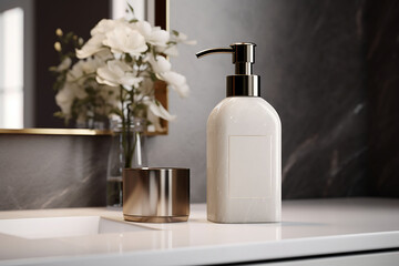 A blank hand wash bottle on a black and golden marble in the luxurious bathroom with leaves . AI - obrazy, fototapety, plakaty