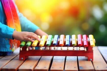 Child plays a musical instrument wooden colorful xylophone