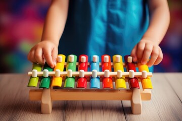 Child plays a musical instrument wooden colorful xylophone