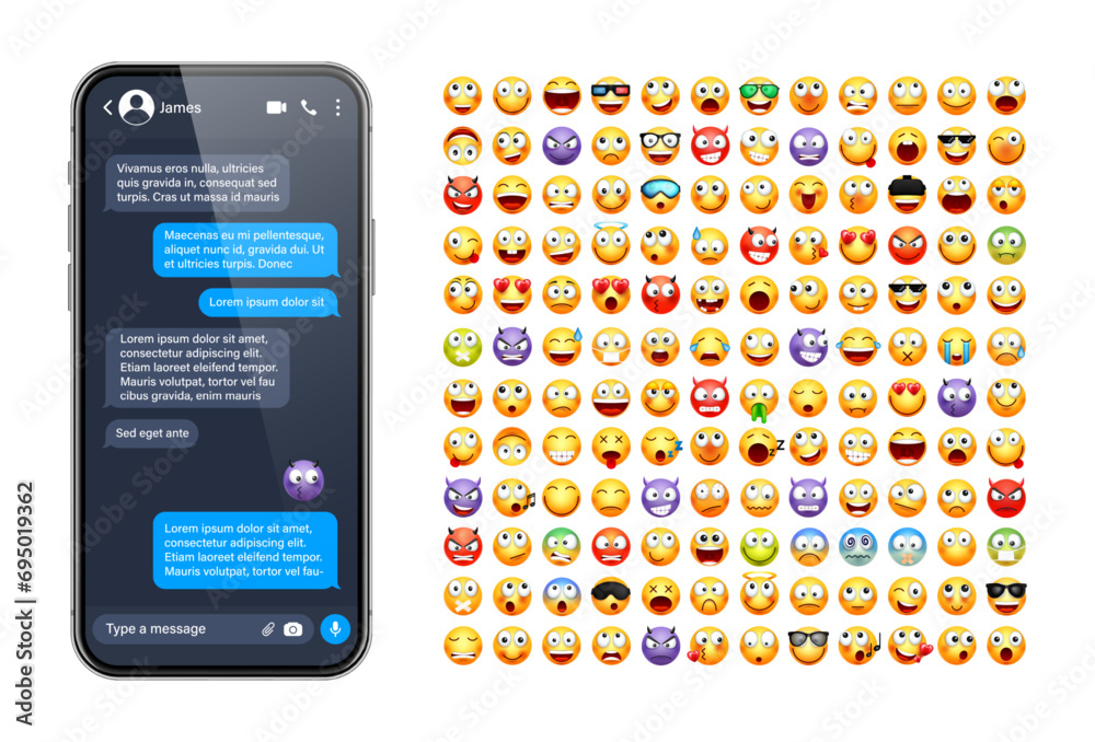 Wall mural smartphone messaging app, user interface with emoji. sms text frame. chat screen, blue message bubbl