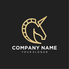 simple line horse unicorn Pegasus with horn logo design icon Vector in luxury gold color frame