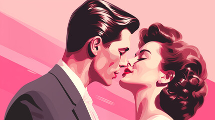 Kissing couple in retro poster style. Valentine's day concept. Pink color theme