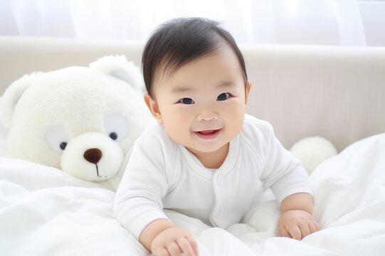 Cute little Asian baby lying on bed at home 