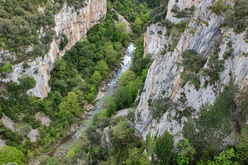Deep canyon carved by the Salazar River in the limestone rock of the Sierra de Leyre, La Foz de Arbayún, Navarra, Spain