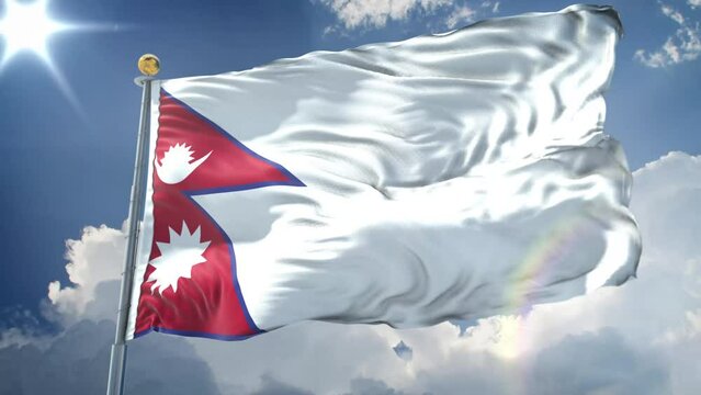 Nepal animated flag in the wind with blue sky