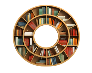 books on round wooden shelf isolated on transparent background, cut out, png