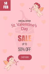 Poster, banner, flyer design for Valentine's Day sale. 2 cupids, translucent hearts on a soft pink background. Inscription Valentine's Day, special offer, sale, shopping now