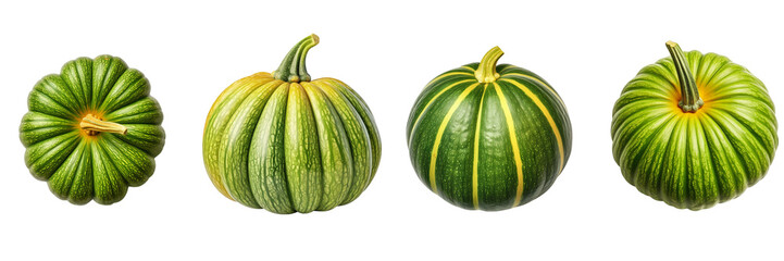 Set of ripe green pumpkin, top view on a white or transparent background