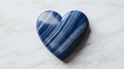Top View of a navy blue Heart on a white Marble Background. Romantic Backdrop with Copy Space